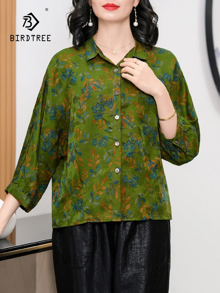 

BirdTree, 100%Real Silk XiangYunSha Shirts, Women Lantern Sleeve Printed, Oversize Mom Vintage Blouse, 2024 Summer New T44479QC