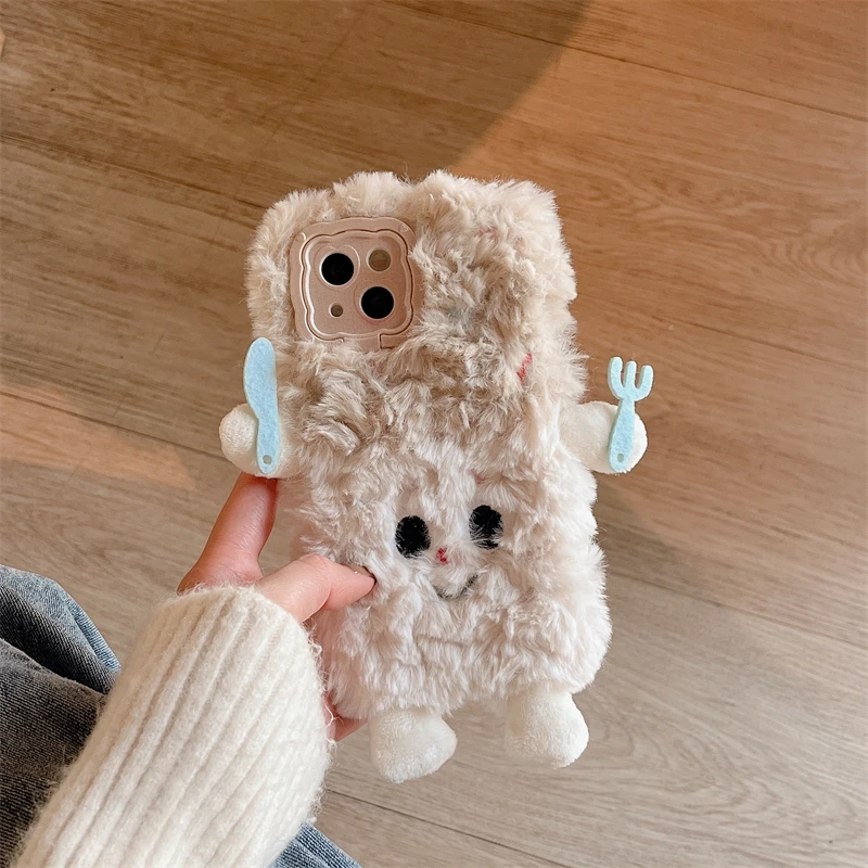 3D Cute Plush Furry Warm Winter Plush Fur Cover For iPhone 16 15 14 13 12 11 Pro Max 14 Plus 15 Plus Fluff Toy Soft Phone Case