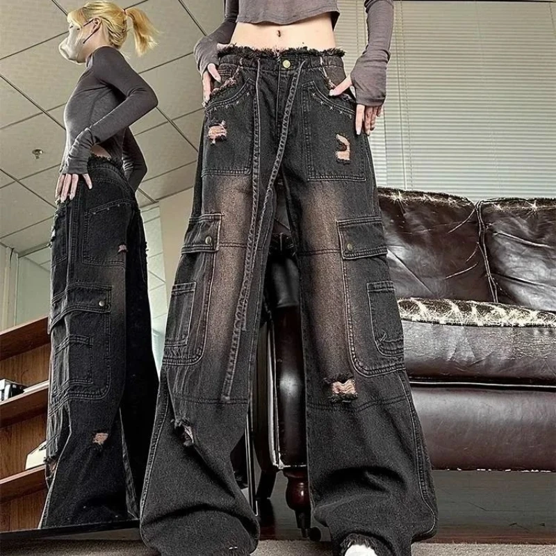 

Черные джинсы в стиле ретро, новые карманные дизайнерские брюки для рабочей одежды