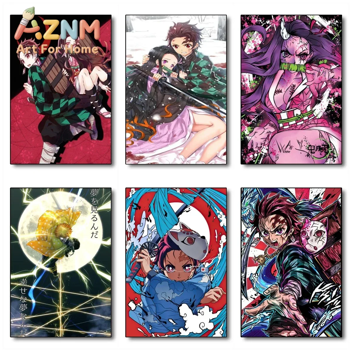 AZNM Demon Slayer Lovely Anime Character Canvas Wall Art Frameless Print Poster for Home Bedroom Living Room Wall Decor