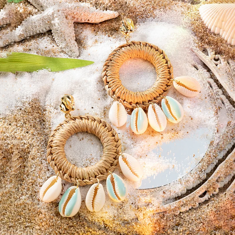 Boho Big Shell Cowrie Rattan orecchini fatti a mano orecchini pendenti con conchiglia naturale donna Summer Holiday Beach Jewelry Gift