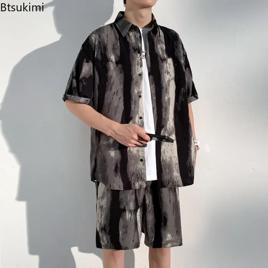 New 2025 Ink Tie Dye Flower Short Sleeved Shirt Men's Summer High-end Shirt Chinese Style Short Sleeved and Shorts Two-piece Set
