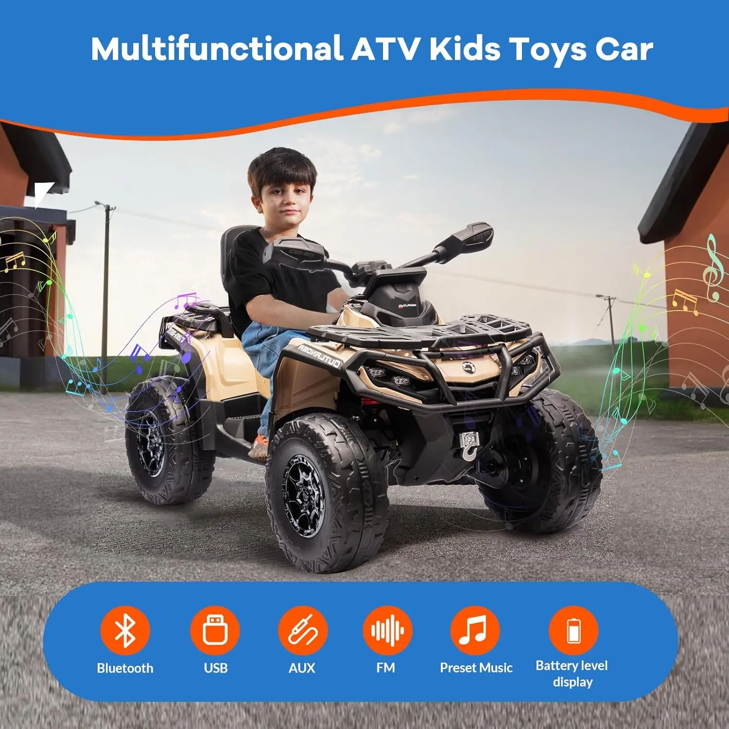 2 Seater Ride On ATV for Kids, 24V Four Wheeler Electric ATV Battery Powered with Leather Seat, Safety Belt Bluetooth 3 Speeds