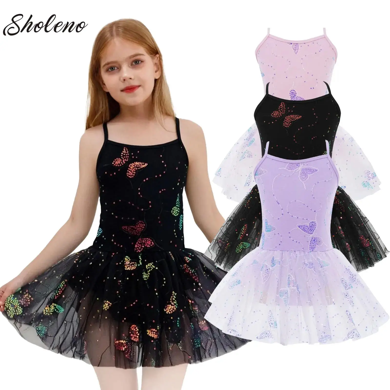 

Girls Kids Ballet Leotard Tutu Dress Cross Back Shiny Sequin Butterfly Embroidery Skirt Ballerina Practice Performance Costume