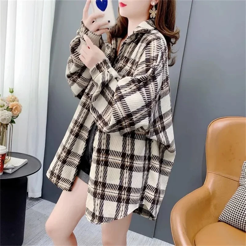 ربيع الخريف رقيقة الرملي منقوشة قميص المرأة 2025 جديد حجم كبير معطف تصميم الشعور ملابس خارجية الإناث ملابس خارجية فضفاضة المد #4