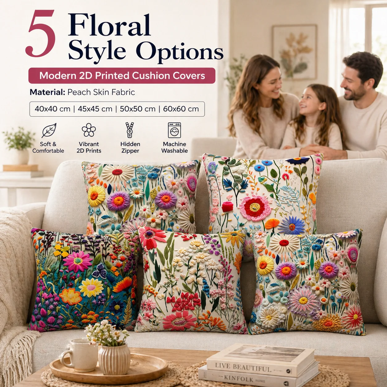 

Colorful Floral 2D Flat Printed Peach Skin Cushion Cover Square Throw Pillow Case for Living Room Sofa Home Decor 45x45