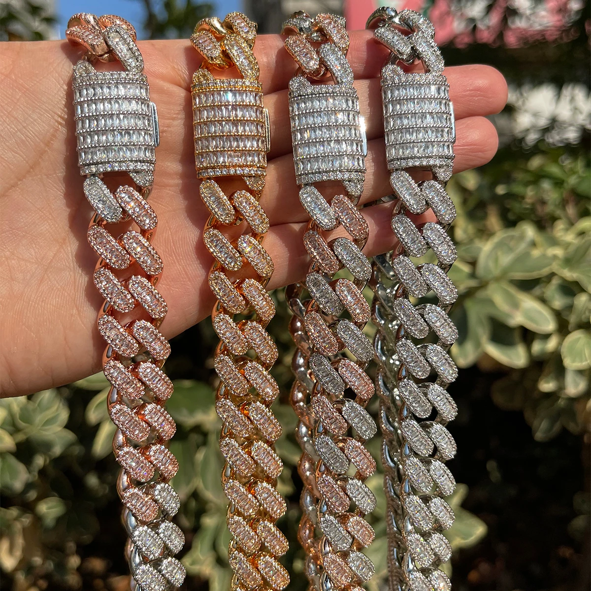 Bubble Letter Iced Out 15mm Miami Cuban Link Chain for Men Micro Pave Prong Setting Baguette Choker Necklace Hip Hop Jewelry