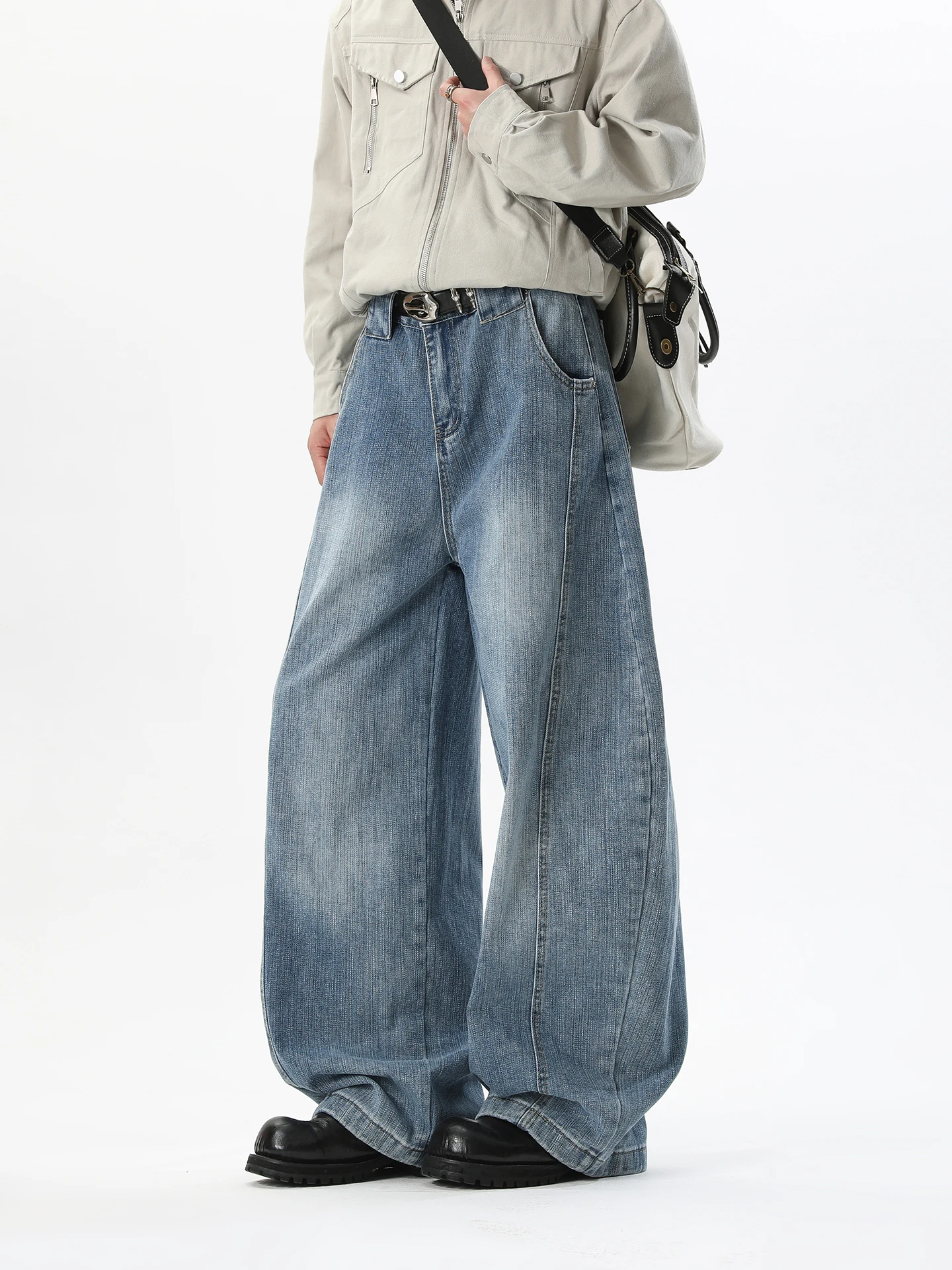 

Boyue Water Waed Bamboo Texture Deconstructed Knife Jeans Men Women Vintage High Street Floor Length Slim Wide Leg Pants