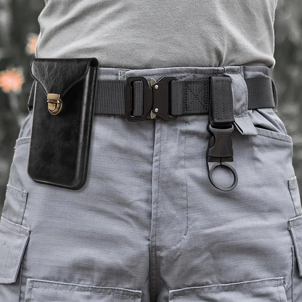 Mobile Phone Belt Bag with Brass Spring Lock Faux Leather Phone Pouch Men's Faux Leather Belt Bag for Cellphone Snap Closure