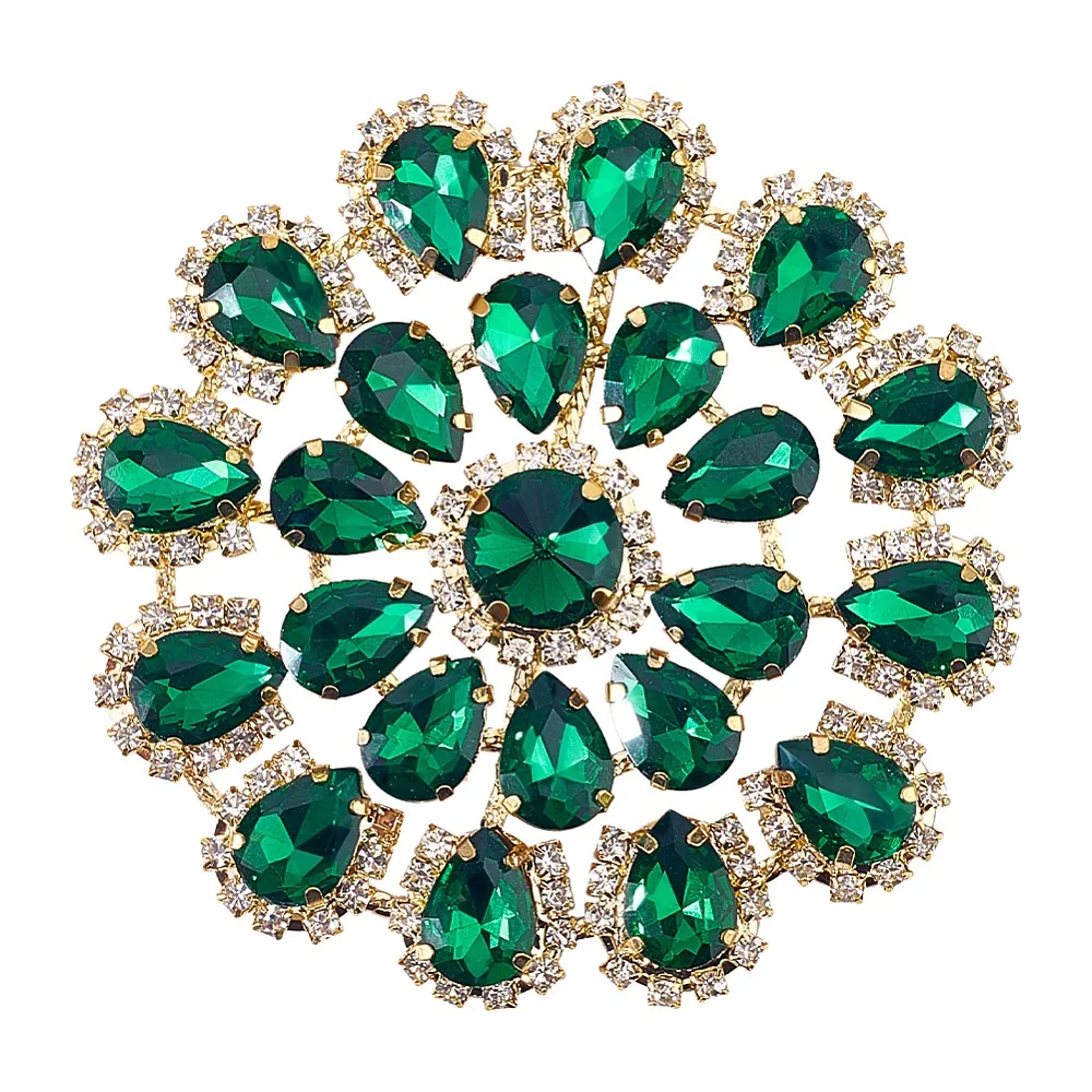 Brass Rhinestone Applique Round Flower Sew on Base for DIY Dress Bags Shoes Green 85x6.5mm