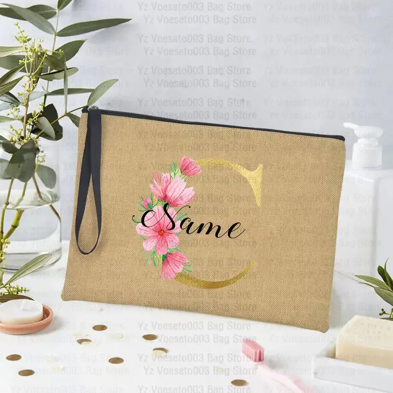 Custom Name Logo Bag Personalized Name Pouch Women Linen Cosmetic Makeup Wash Bags Pencil Cases Birthday Bridesmaid Teacher Gift