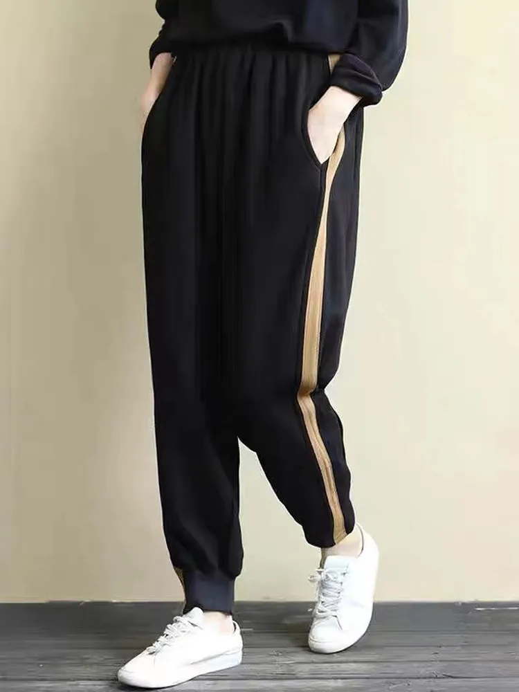 캐주얼 할란 팬츠 엘라스틱 웨이스트 나인 포인트 스플라이스 사이드 컬러 블로우 루즈 핏 가을 겨울 신상 여성 패션 바지