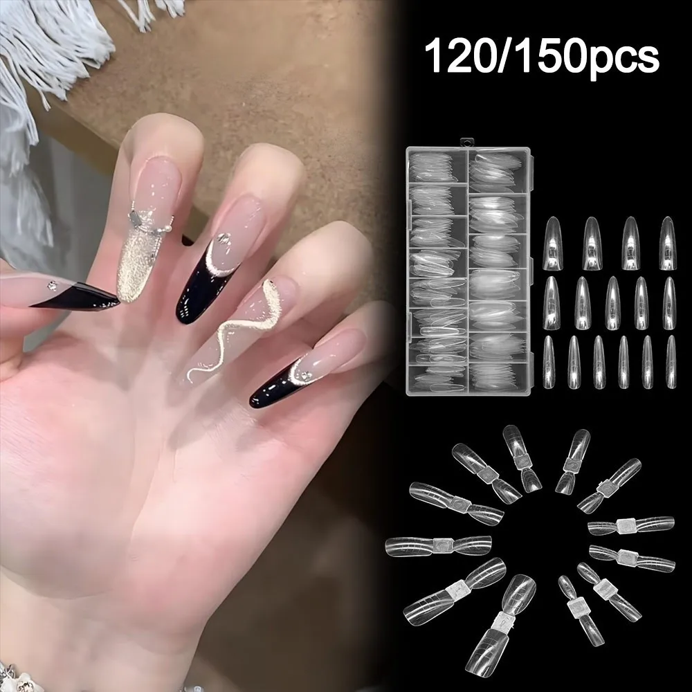 120개/150개 사각형 샌드위치 네일 폼 초박형 아몬드 모양 네일 팁 투명 연장용 보조 라인 포함