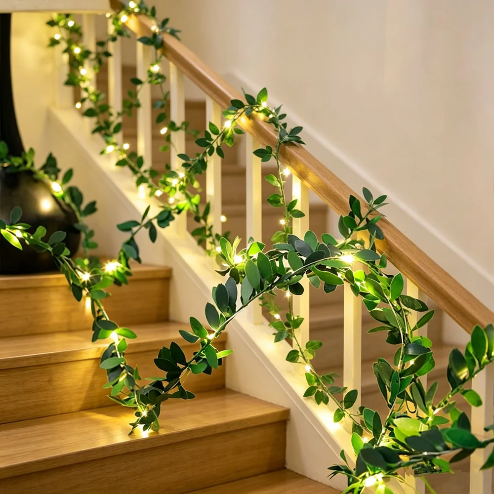 

Christmas Tree Garland Light Battery Powered Flower Green Leaf String Lights Artificial Vine Fairy Lights for Weeding Home Decor