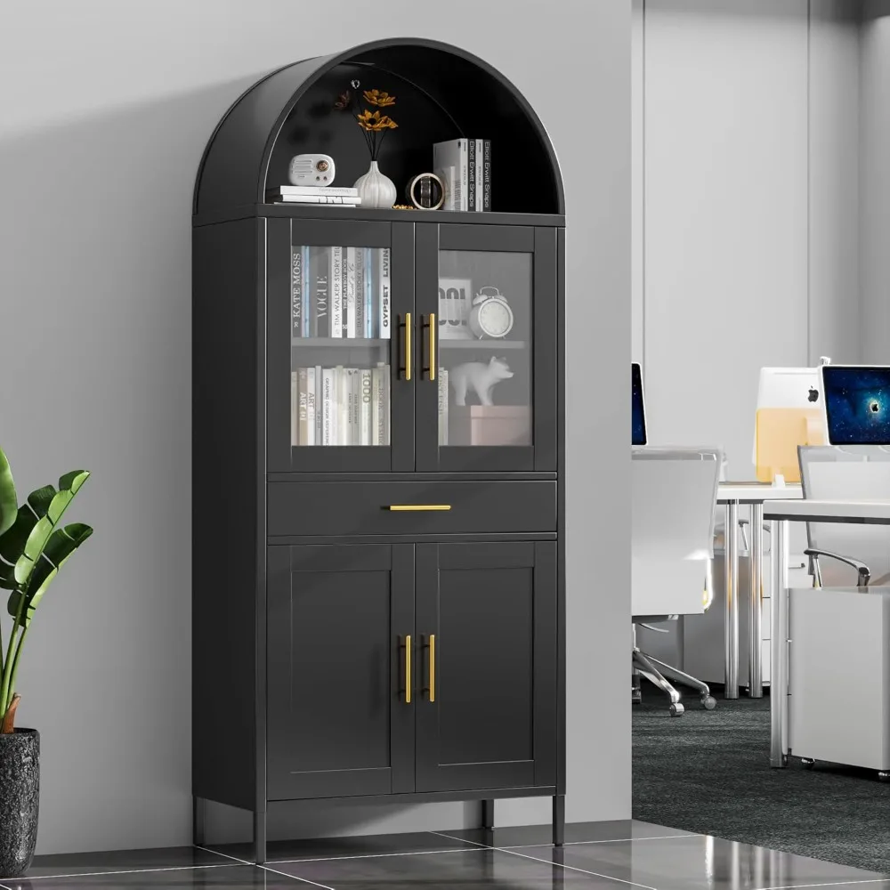 

73-inch high metal arched cabinet with dual glass doors, matching arched bookcase featuring one drawer and two shelves, modern f