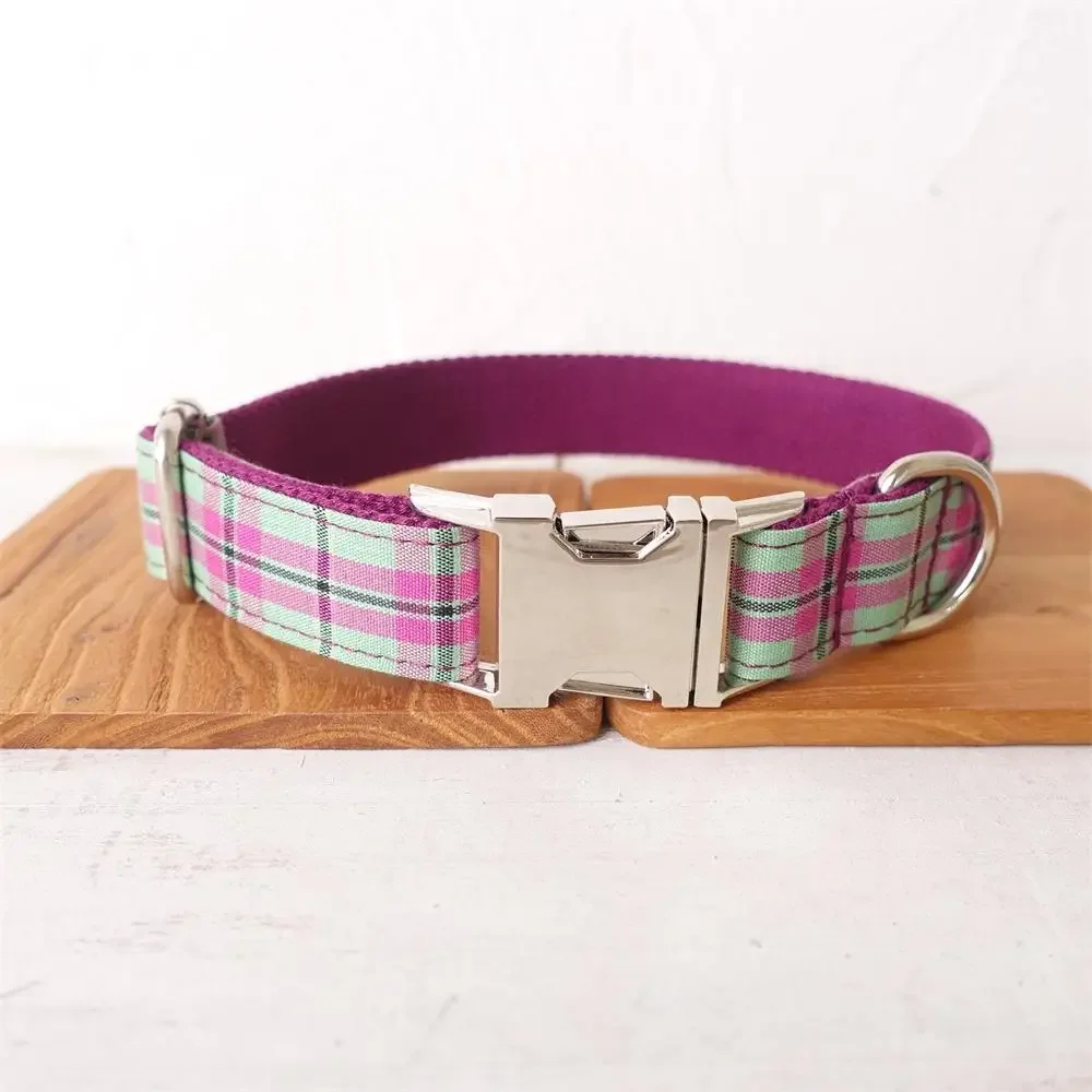 Personalized Dog Collar with Free Engraving, Matching Pet Leash,Customzied Contacts Metal Buckle, Purple Green Plaid Collar