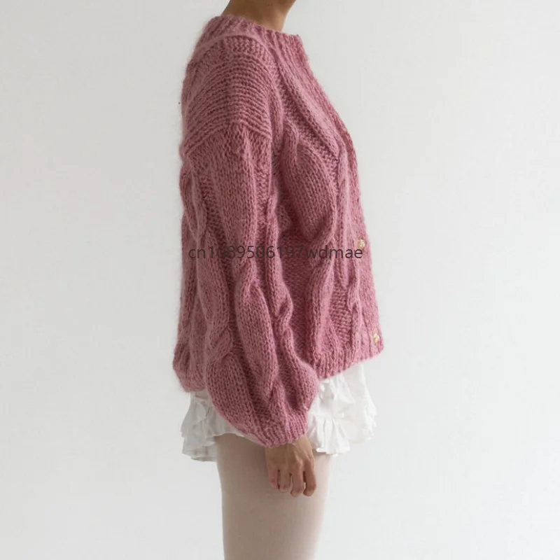 Women Chunky Knit Cardigan Oversized Puff Sleeve Sweater Jacket Vintage Loose Cropped Knitted Coat Fall Winter Casual Outerwear 4