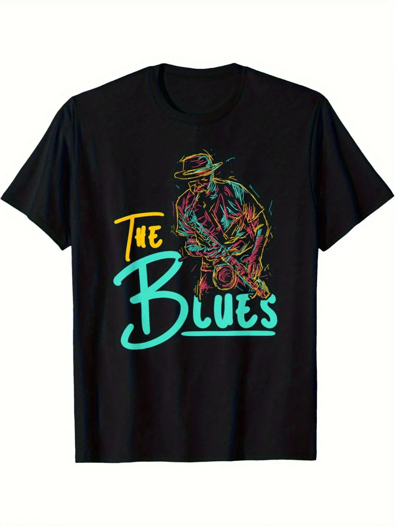 A Black T-Shirt Featuring a Jazz Blues Music Design, Showcasing a Vibrant Guitarist Playing Blues Art Along with The Word 'Blues
