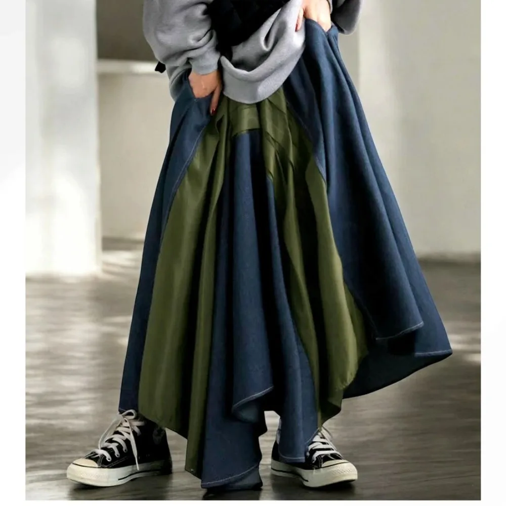 Nowa Moda Unikalna Sukienka Maxi w Stylu Streetwear z Blokami Kolorów i Panelami Denimowymi dla Kobiet, Idealna na Wiosnę, Lato i Jesień