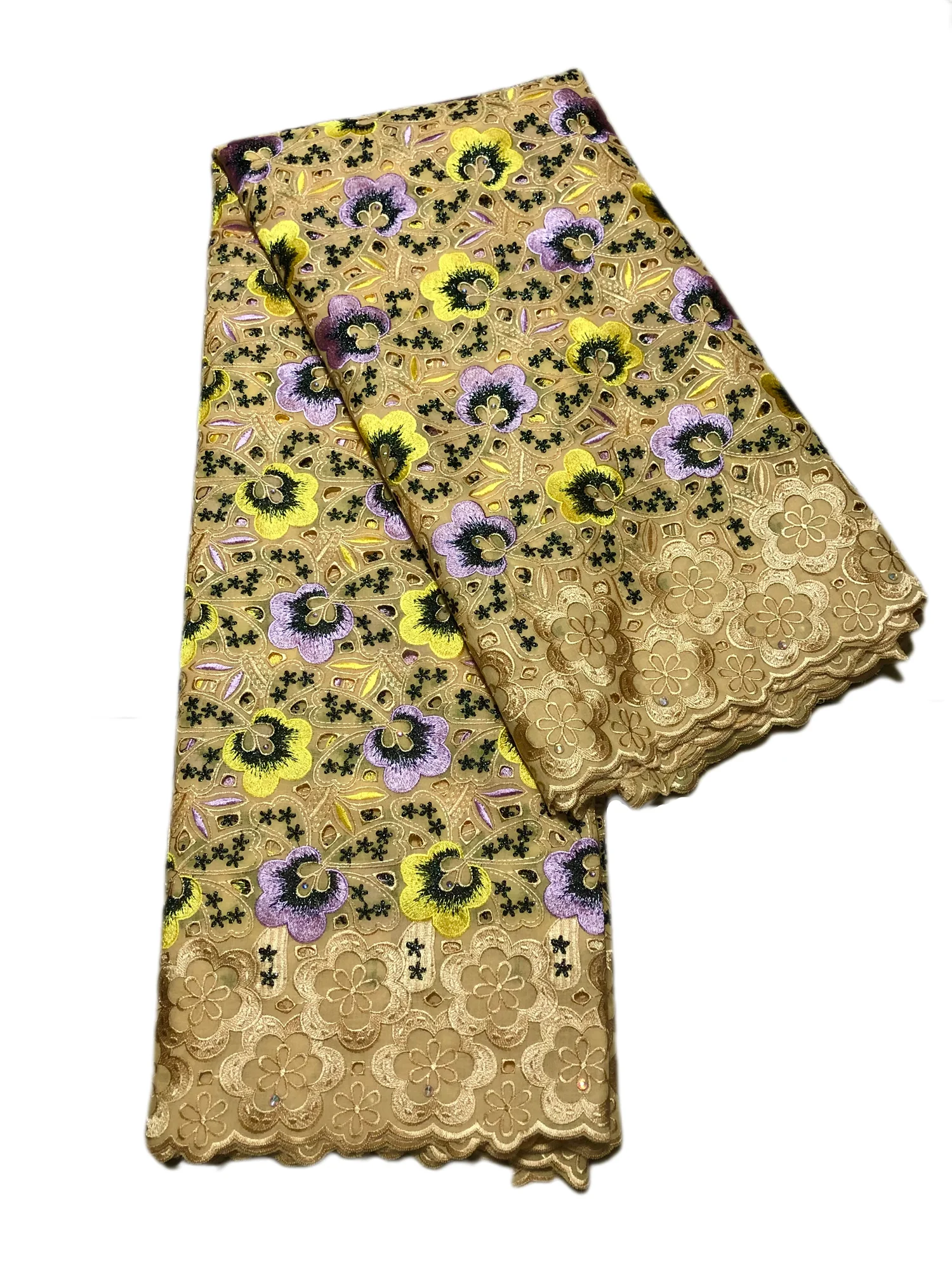 

African Punched 100%Cotton Dry Dubai Lace Fabric High Quality 2025 Swiss Voile Lace Nigerian Polish Stones Lace Fabric For Dress