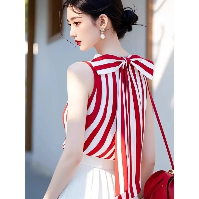 Korean Chic Red Striped Lacing Sleeveless Shirt for Women Summer New Bow Bandage Beautiful Temperament Blouse Fashion Clothing