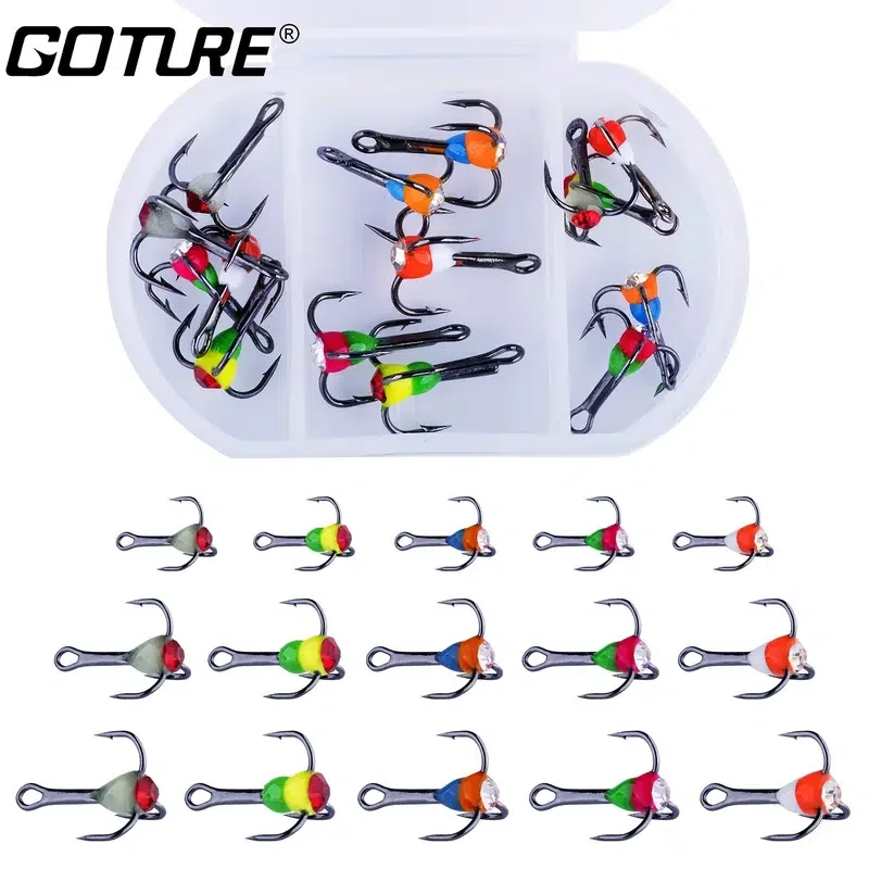 

Goture 15pcs/set Ice Fishing Jig Lure Sharp Treble Hooks With Luminious Rhinestones For Winter Fishing 10# 12# 14# Hooks
