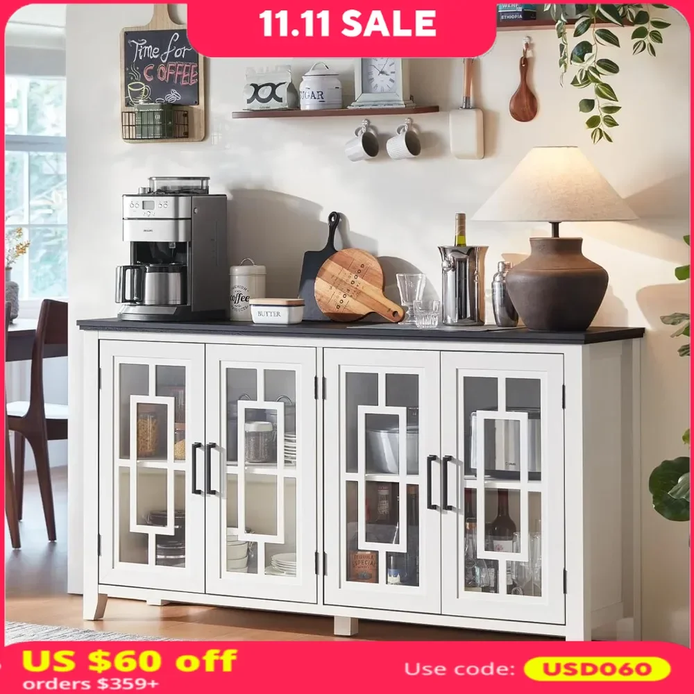 63 Large Buffet Cabinet with Storage,  Farmhouse Coffee Wine Bar Cabinet with 4 Glass Doors，Wood Mid Century Modern Sideboard