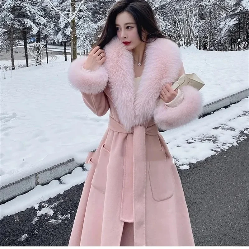 Woolen Collar Woolen Jacket Women 2024 New High-end Feeling Slimming and Lazy Style Long Sleeved Thickened Warm Mid Length Coat