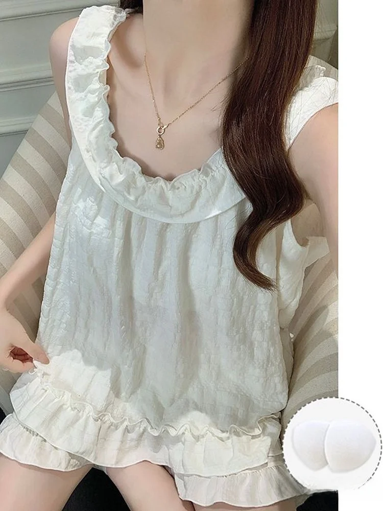 

Summer Thin Cloud Cotton Sleepwear Women's Home Clothes Set with Chest Pad Lace Soft Cute Vest Shorts Ensemble