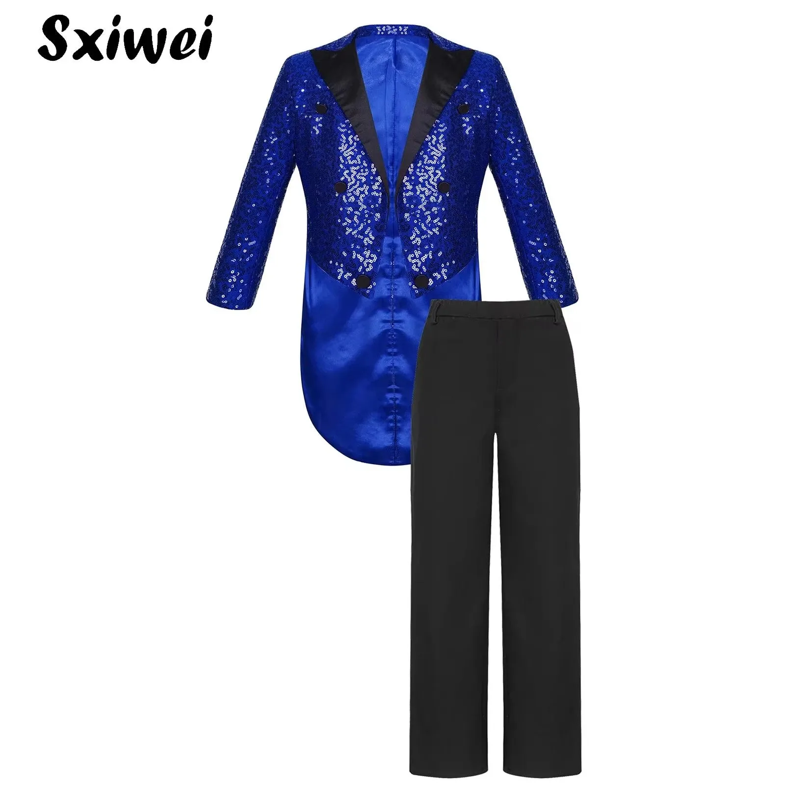 

Kids Wedding Formal Party Suit Boys Long Sleeve Sequin Tailcoat Blazer +Long Pants Gentleman Tuxedo Outfit Magic Shows Costume