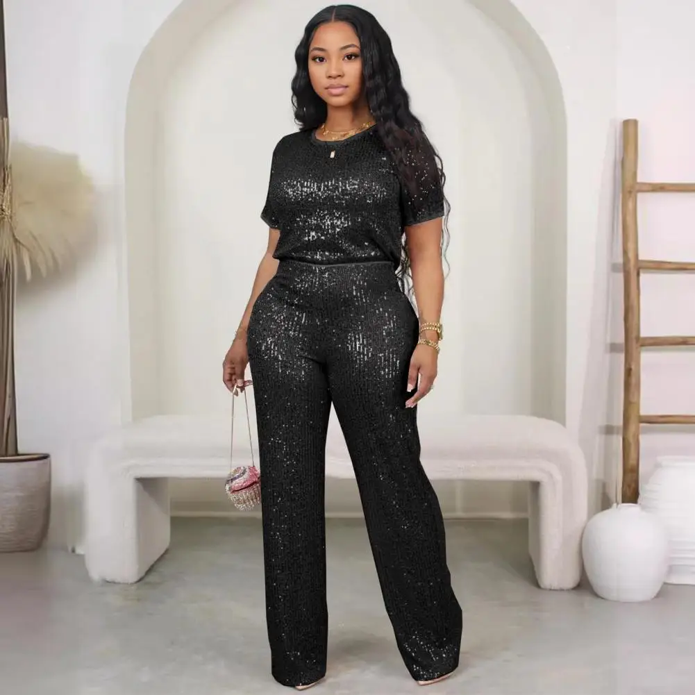 

Stylish Sequin Pantsuit Sequin Shinny Women's Casual 2 Piece Set O-neck Short Sleeve T-shirt Wide Leg Pants for Daily for Women