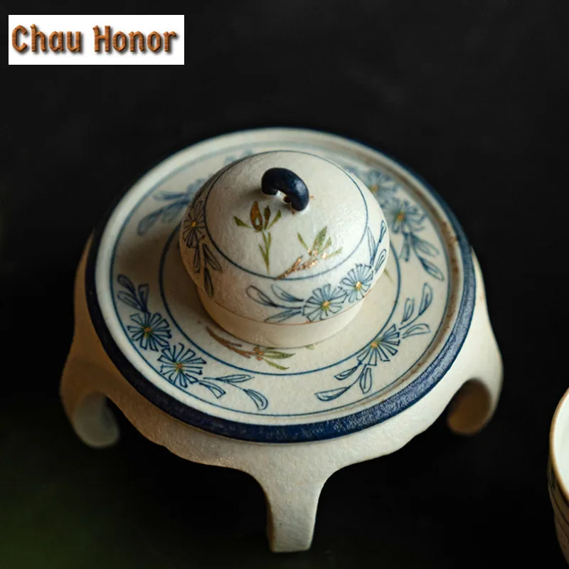 Blue And White Flint Red Teapot Cover Holder Hand Gold Drawing Butterfly Orchid Cover Frame Zisha Pot Bearing Base Tea Ceremony - view 3