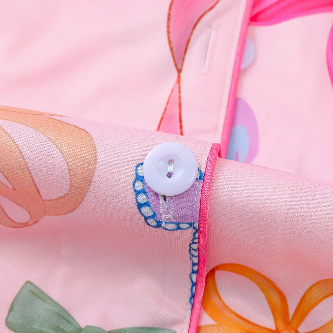 Pijama estampado com laço rosa e lapelas, camisas e shorts soltos de manga curta para mulheres, conjunto de roupas para casa, presente de Natal