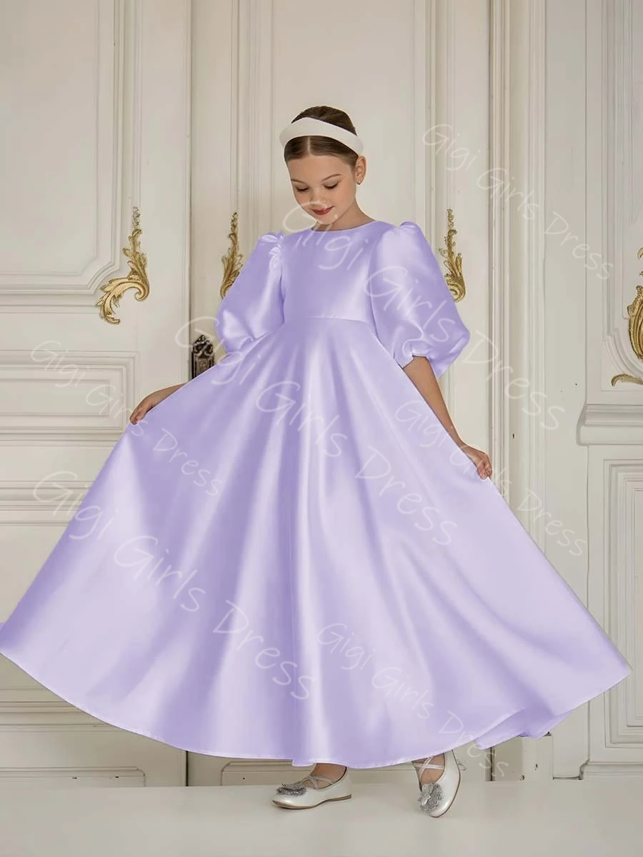Vestido de satén personalizado con flores para niña, vestido de primera comunión con mangas de globo y cintura alta, vestido de fiesta de boda personalizado para niño