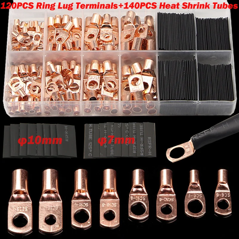 

260/240/60CPS Assortment Car Auto Copper Ring Terminal Wire Crimp Connector Bare Cable Battery Terminals Soldered Connectors Kit