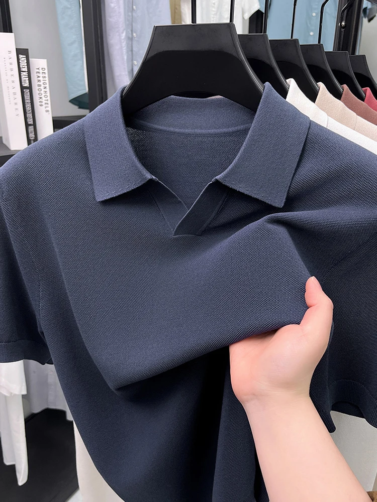 

Высококачественное холодное волокно! Высококачественный мужской однотонный вязаный поло с воротником и короткими рукавами, деловой повседневный летний новый топ