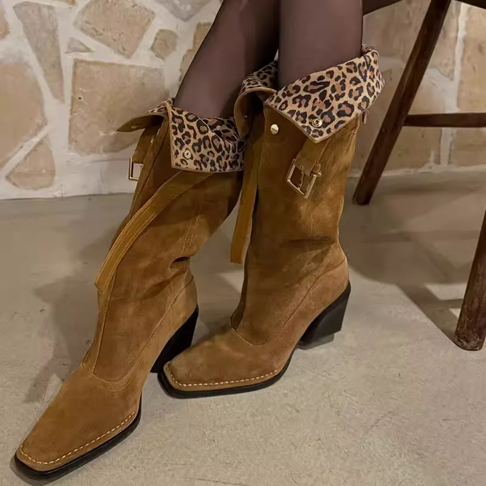 

Retro Western-Chic Design Tan Suede Square Toe Knee-High Boots Leopard Print Cuff Buckle Detail Block Heel Fashion Casual Style