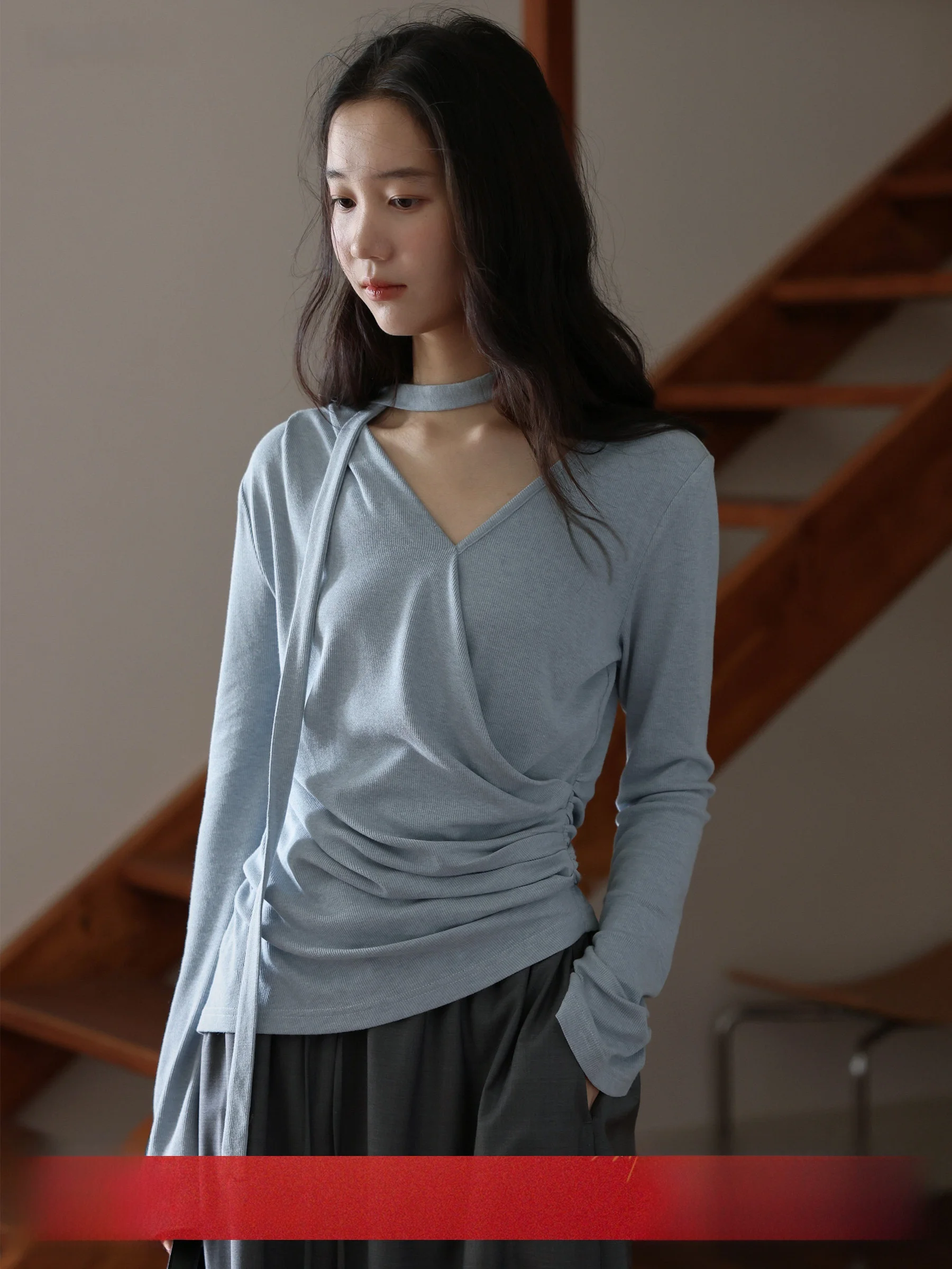 

MUNNS Early Spring Slimming Soft V-Ne Long Sve Knitted Sweater Casual Sle Comfortable Skin-Friendly Mis Blue Top