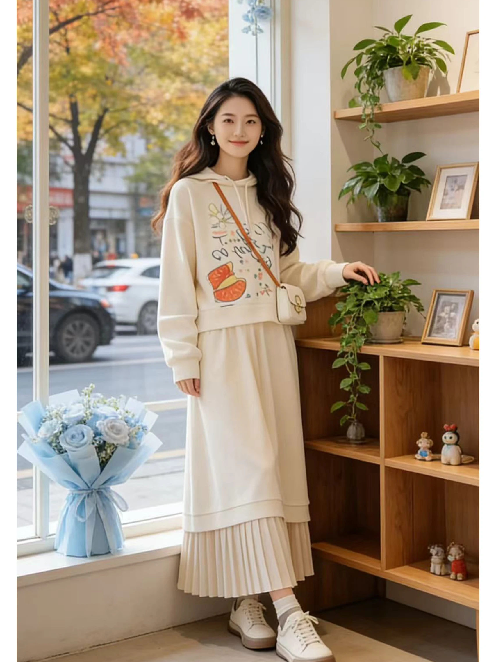 

plus Size Beautiful Women's Casual White Hoodie Skirt Set Spring Faion Korean Sle High Waist Long Sve Long Pants