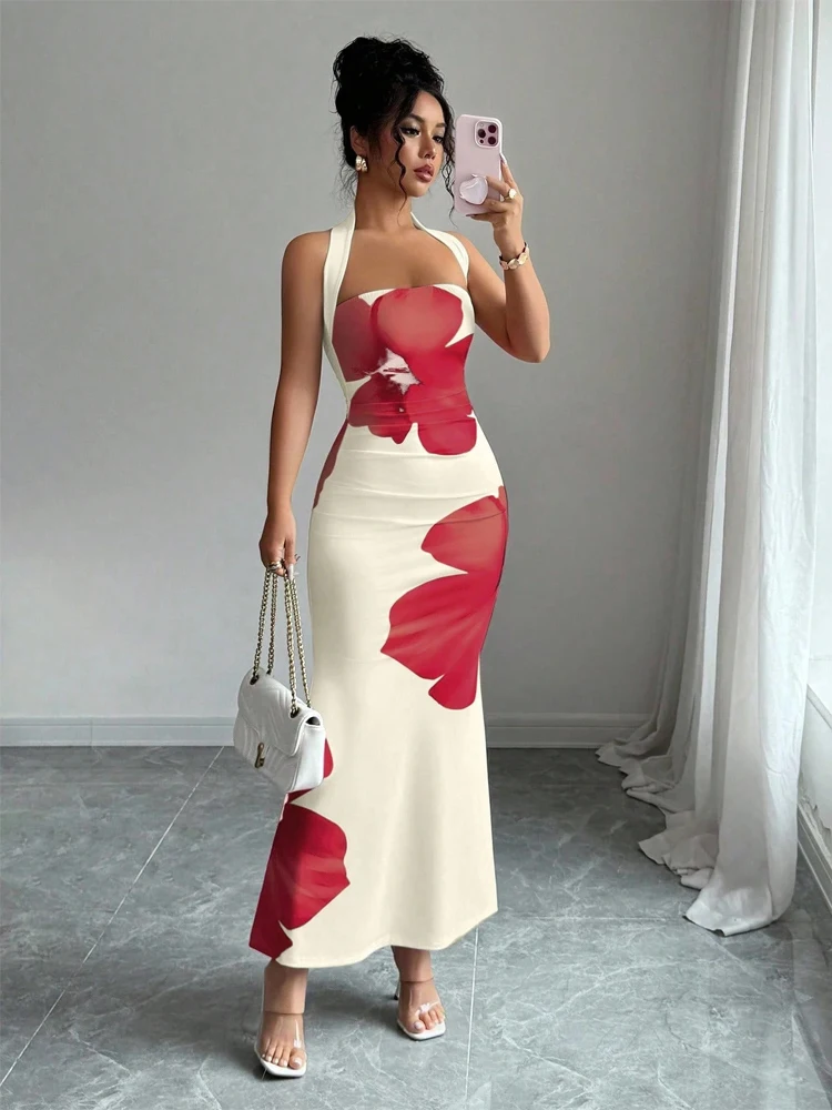 

Lady Sexy Print Halter Dress Chic Sleeveless Hip-hugging Backless Bodycon Off-shoulder Vestido 2026 Women Vacation Party Dresses