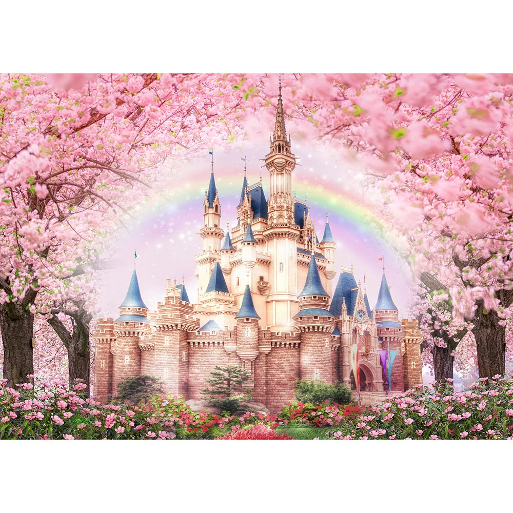 خلفية للتصوير الفوتوغرافي لقلعة الربيع، خلفية كعكة عيد ميلاد الأميرة فتاة، خلفية سحق زهرة وردية، خلفية قوس قزح لحديثي الولادة