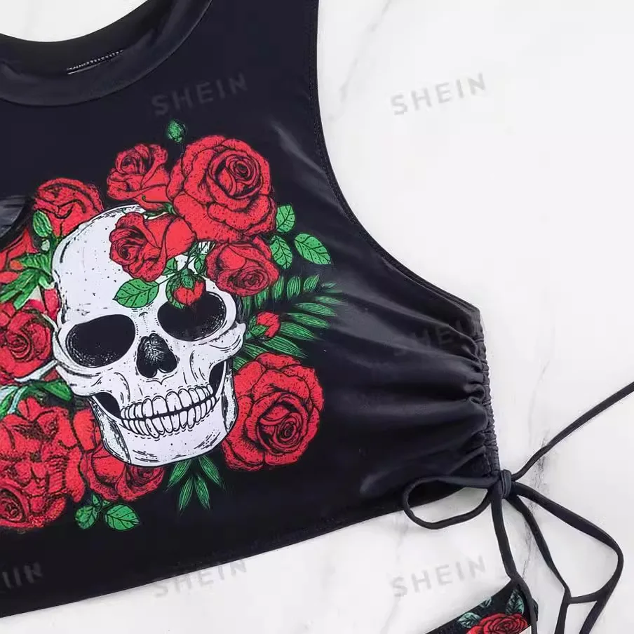 Bikini cruzado con estampado de calavera y flores para mujer, bañador con cordón lateral, novedad de verano 2024