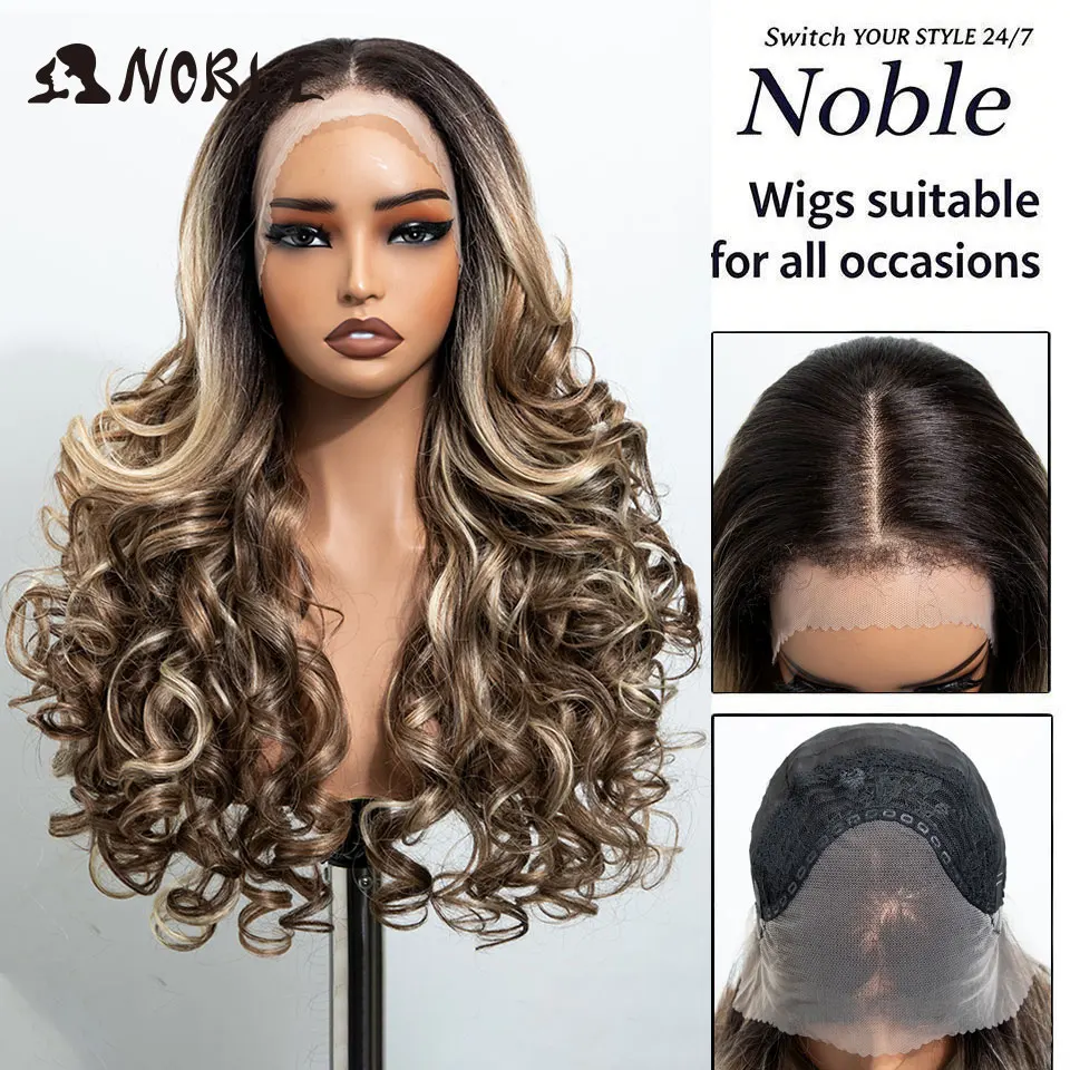 NOBLE 13X4 Lace-Front-Synthetikperücke, 28 Zoll, Ombré-Blond, lockige, lockere Frisur, mit Pony, hitzebeständig, TikTok-Perücke für schwarze Frauen, für den täglichen Gebrauch. – Detail 11