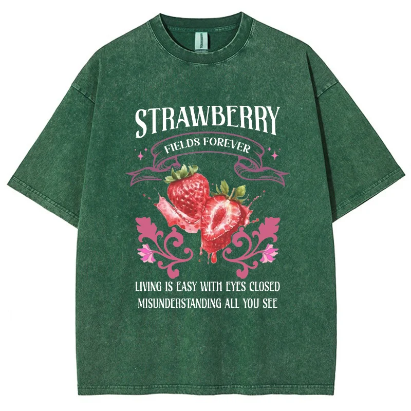 Strawberry Print Women Washed T Shirts Summer Breathable T-Shirt Street Tees O-Neck Distressed Oversized Short Sleeve Tops