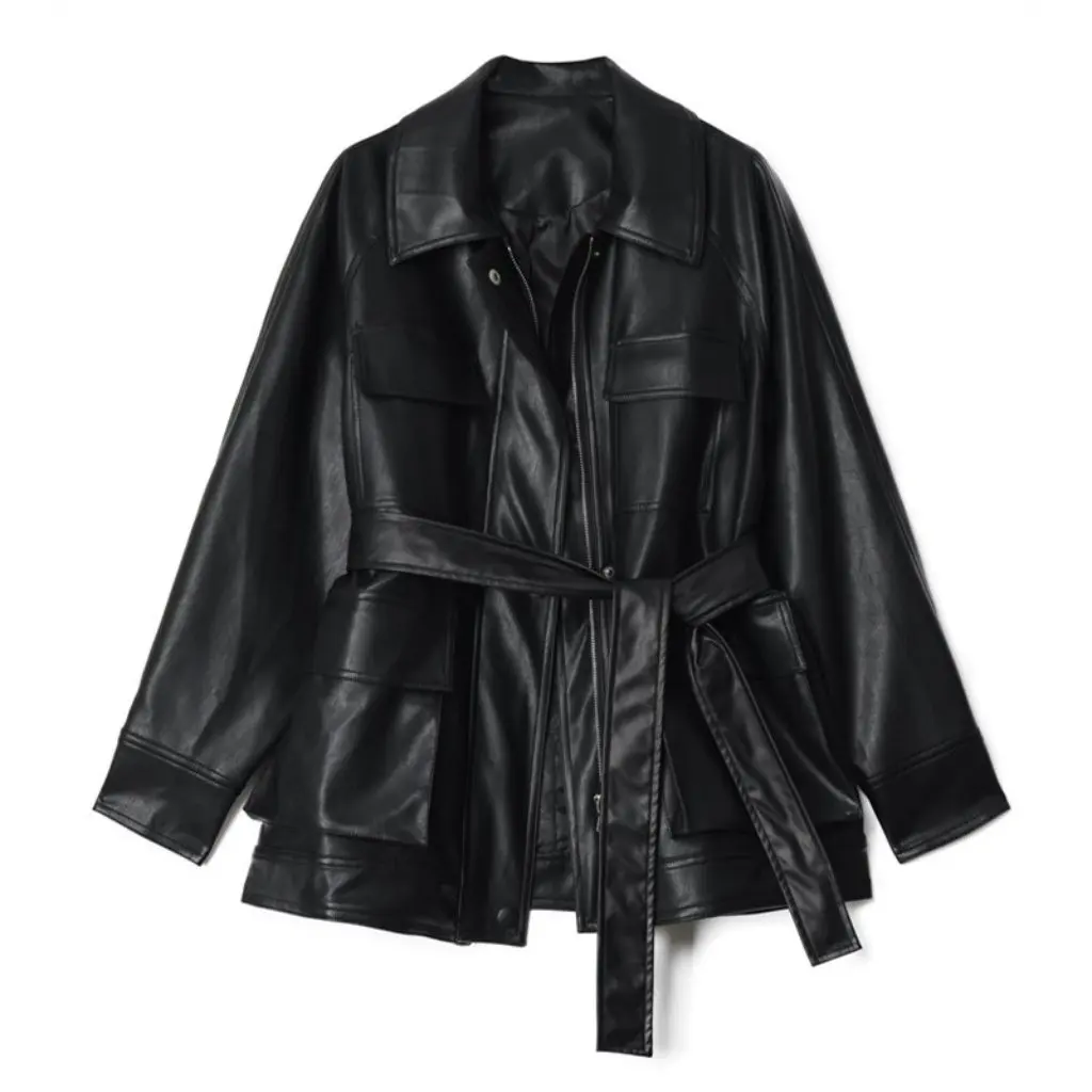 Giacca da donna in pelle oversize di media lunghezza stile retrò vestibilità ampia capispalla da motociclista primavera nuovo arrivo