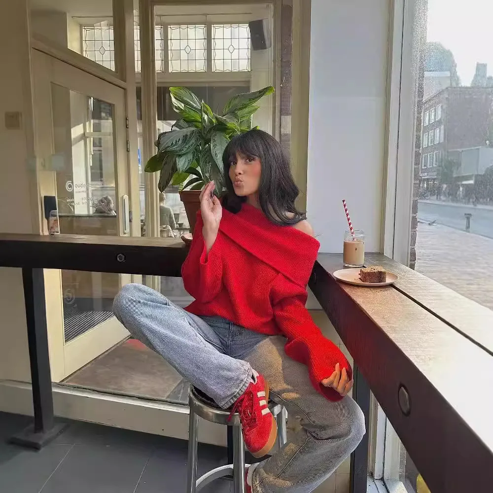 

Women New Versatile Solid Color Long Sleeve Straight Shoulder Fur Collar Top Sweater Women Trends 2025 Roupas Femininas Jumper