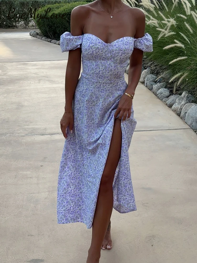 

ByeMyLove летнее платье с цветочным принтом, женские вечерние платья до щиколотки с открытыми плечами, женские длинные платья с разрезом, летний элегантный стиль