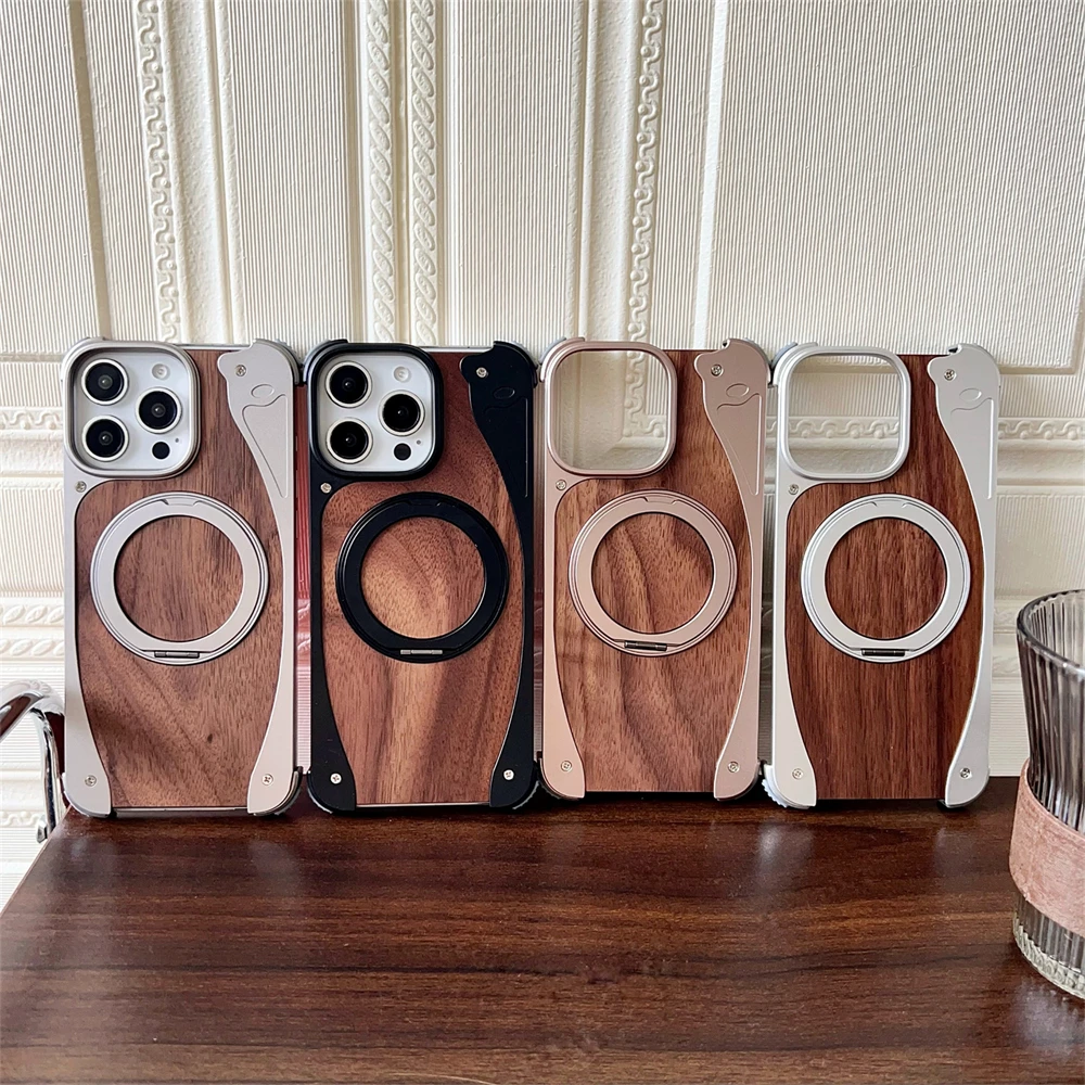 Luxury Metal Frame Walnut Wood Frameless Phone Case For iPhone 18 17 16 15 14 Pro Max Magsafe Magnetic Rotating Bracket Cover