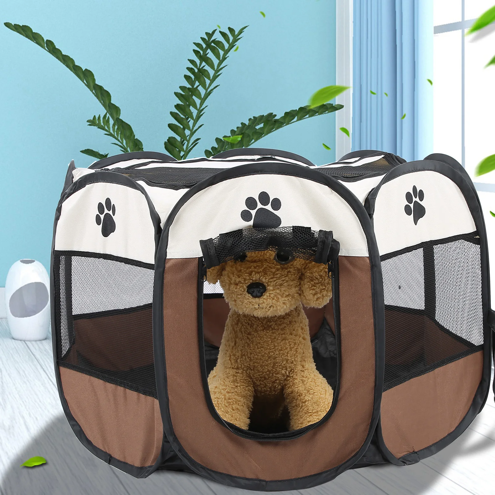 Pet Cat Dog Portable Foldable Cage Exercise & Play Tent Mesh Cover Indoor/Outdoor Use Coffee