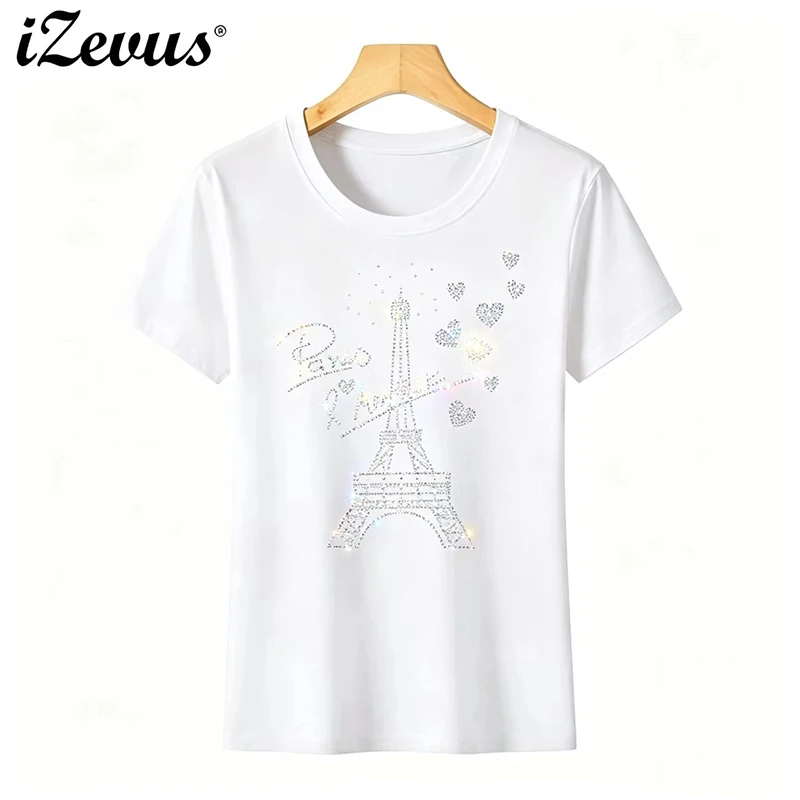 Best-selling T shirts for women summer short-sleeved fashion love Paris tower crystal T-shirt O-neck soft cotton ladies T shirts